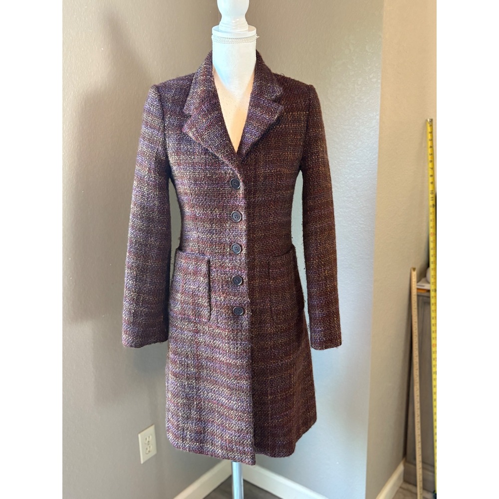 United Colors of Benetton Women Burgundy Wool Blend Tweed Longline Coat Italy 38